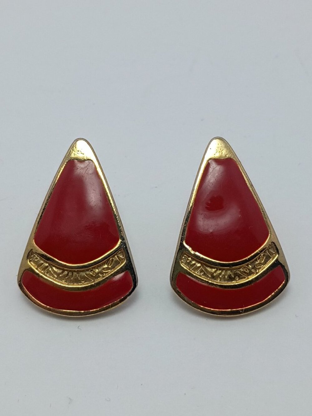 Retro 1980s Red and Gold Tone USA Made Stud Earrings Triangle Shaped